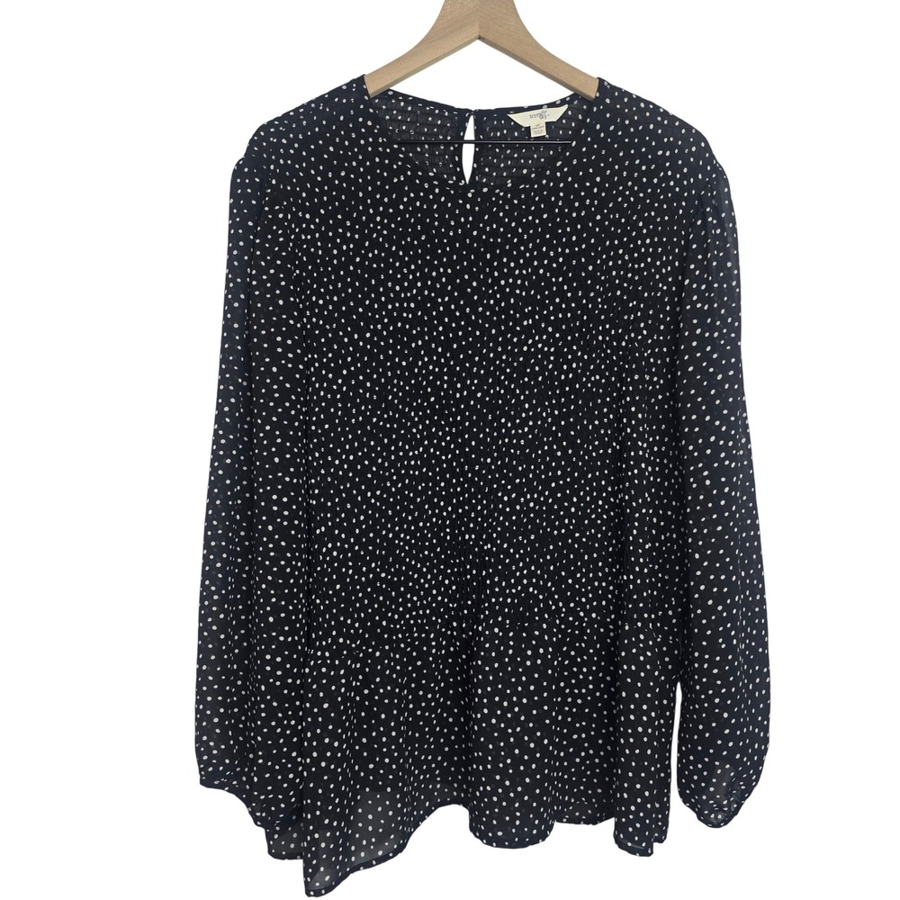 Terra & Sky Smocked Polka Dot‎ Blouse 1X Black White Sheer Chiffon Peplum Top